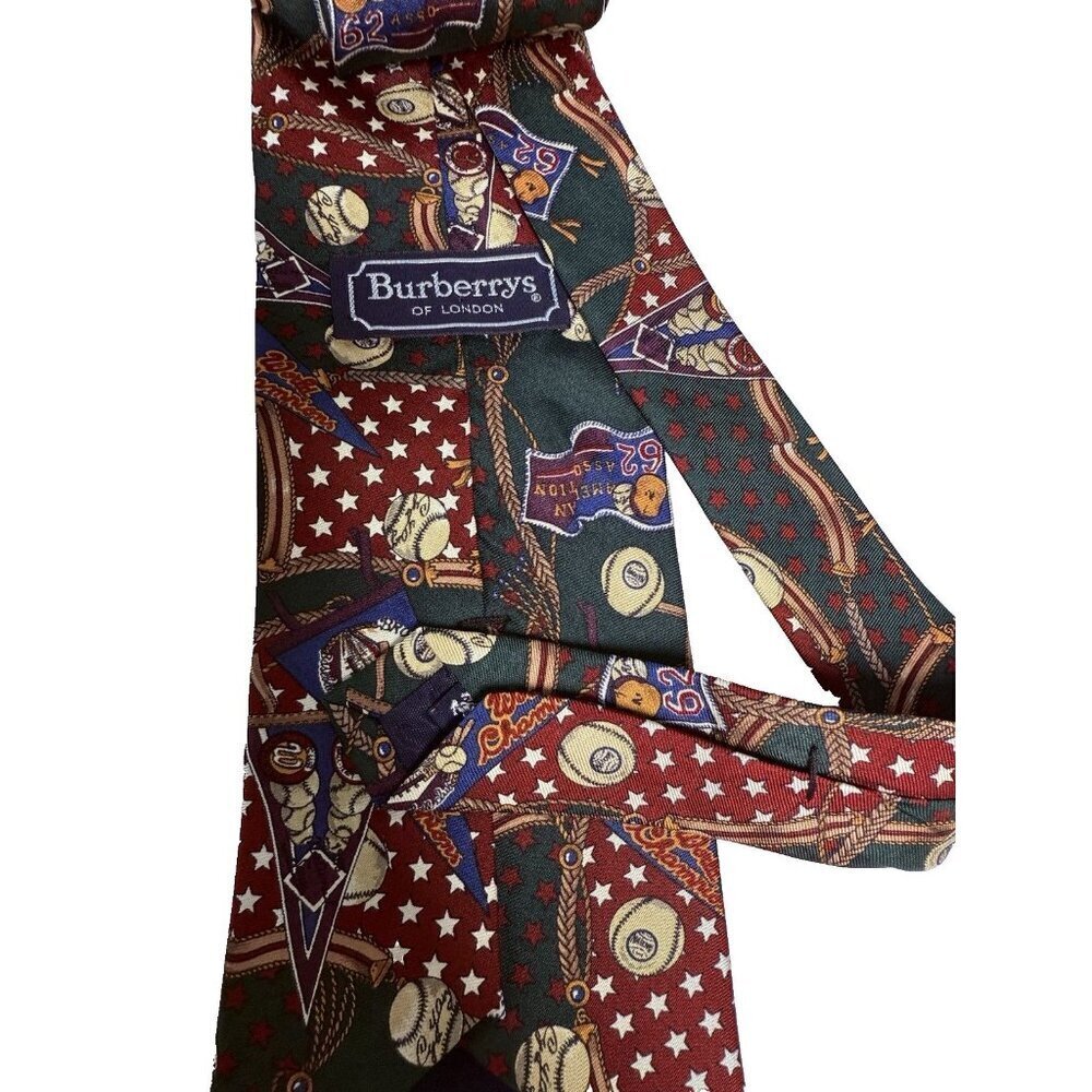 VTG Burberry London Tie with Baseball Theme 100% Silk - Picture 4 of 10